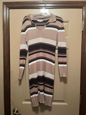 Striped Ribbed Collared Knit Dress in Blush Multi